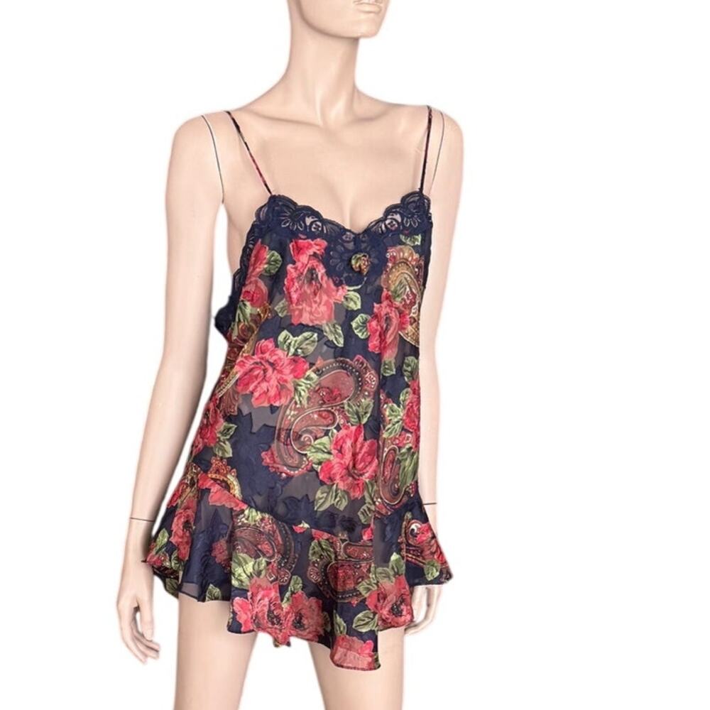 Vintage Victoria's Secret Gold Label Navy Blue Red Floral Paisley Slip Nightgown - Picture 9 of 9
